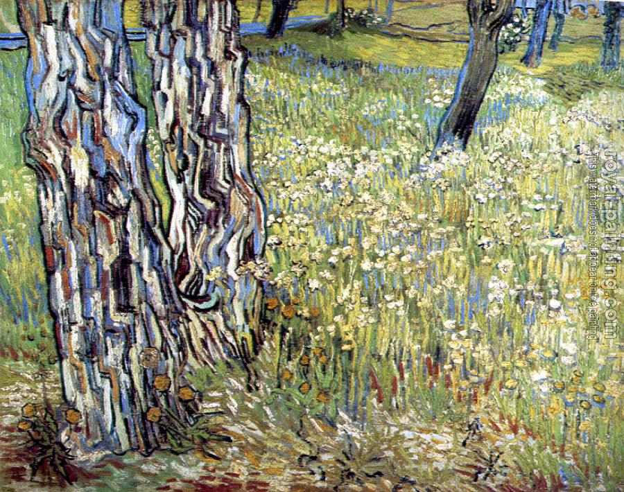 Vincent Van Gogh : Field of Grass with Dandelions and Tree Trunks